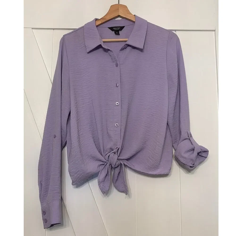 Simply Vera Vera Wang Lavender Medium Tie Front Button Up Blouse Roll Tab Sleeve - Picture 2 of 7
